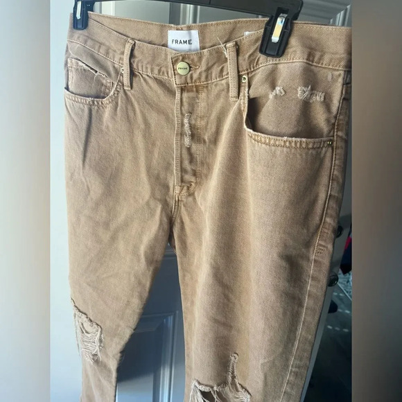Frame Le Original High Waist Slim Straight Leg Crop Jeans Distressed Sand Tan 32 - Picture 8 of 10